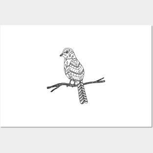 Black and White Bird on a Branch Doodle Drawing Posters and Art